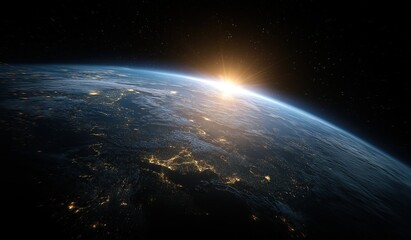Fototapeta premium Earth from space illuminated by city lights at night with sunrise over the horizon, contrasting against the dark cosmic backdrop