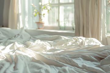 Generative AI,깔끔한 흰색 침실 이불 침구류 이미지