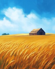 A serene landscape showcasing golden wheat fields swaying gently in the breeze. A rustic barn rests in the distance under a blue sky. This captures the essence of rural beauty. Generative AI