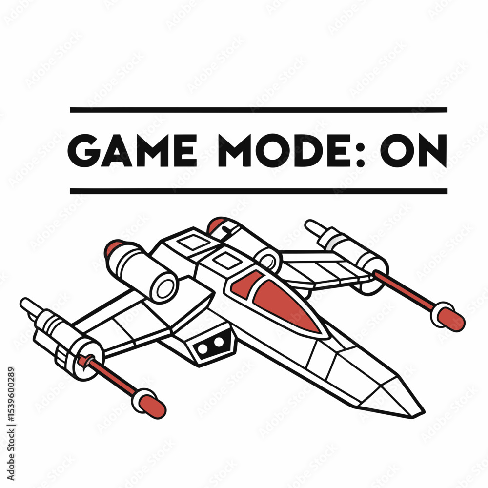 Fototapete 8-bit spaceship with “game mode: on” in blocky font, pixel art vector, white background.