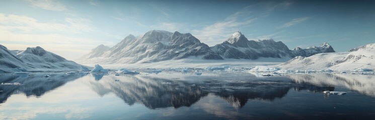 Fototapeta premium Frozen landscape reflecting mountains and icebergs
