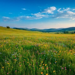 Fototapeta premium Endless green meadow covered with colorful wildflowers under a clear blue sky, warm sunlight, soft breeze effect, peaceful atmosphere 