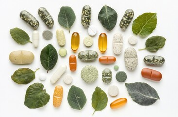 Naklejka premium Assorted pills and capsules arranged around green leaves on a white background