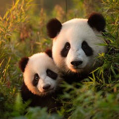 Fototapeta premium Mother panda and her cub cuddling in a lush bamboo forest, warm sunset lighting, natural colors, panoramic view