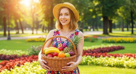 Young Woman Wearing Straw Hat Holding Basket of Fresh Fruits in Sunny Park