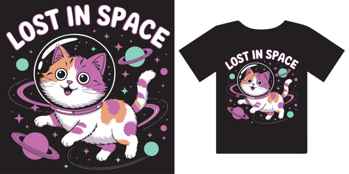 T shirt design of Adorable Astronaut Cat Floating in Space - "Lost in Space" Cosmic Design

