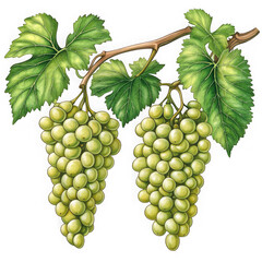 Obraz premium Green grape bunches with leaves on branch on transparent background