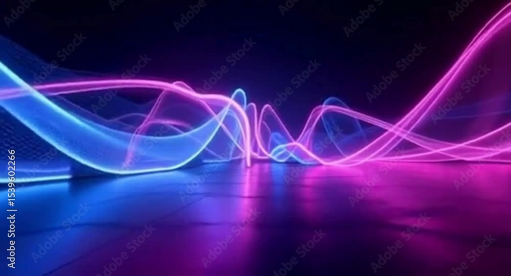Poster abstract neon waveforms with reflections on a dark surface background