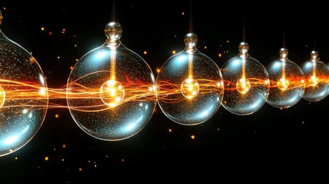 Glowing orbs with fiery energy lines against a black backdrop - Powered by Adobe