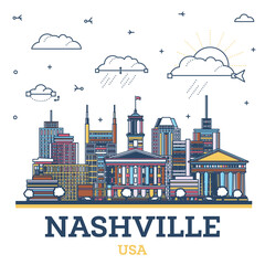 Outline Nashville USA city skyline with colored modern and historic buildings isolated on white. Nashville cityscape with landmarks.