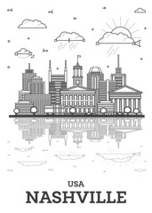 Outline Nashville USA city skyline with modern, historic buildings and reflections isolated on white. Nashville cityscape with landmarks.