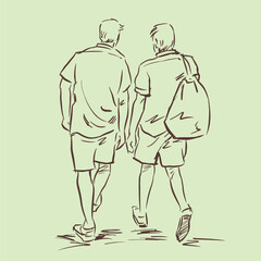 back of two men are walking vector for illustration card decoration