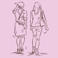 back of two girls in dress walking vector for illustration card decoration