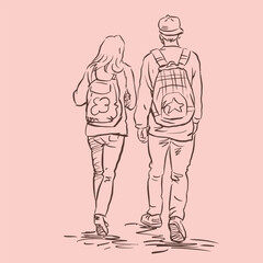 back of backpack couple walking vector for illustration card decoration
