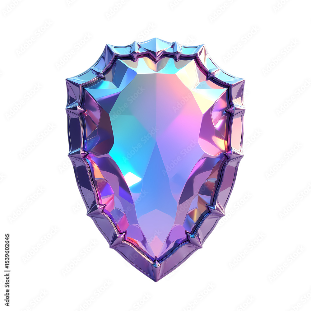 Poster iridescent shield with ornate metallic frame isolated on transparent background