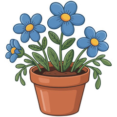 three blue flowers in flowerpot isolated vector illustration