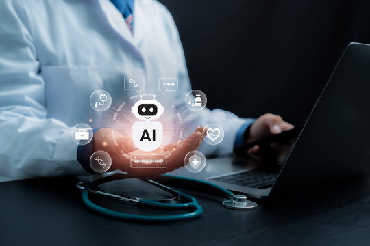 Healthcare Chatbot and Medical technology concept. A doctor using a smartphone with AI-powered healthcare chatbot icons, representing medical assistance, health monitoring. AI Deep Learning. LLM.