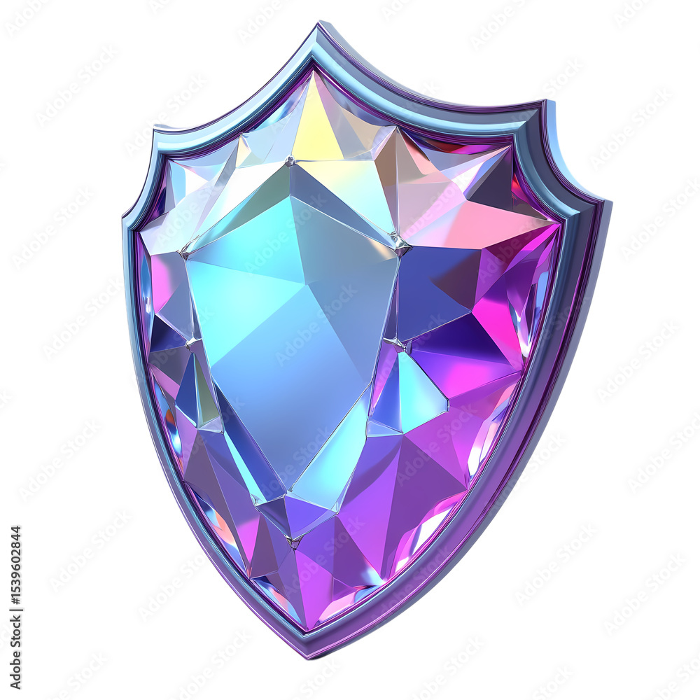 Poster iridescent shield with gem in center isolated on transparent background