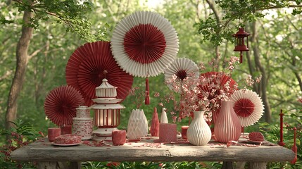 Red and white decorations on a wooden table in a forest setting with hanging red lantern above