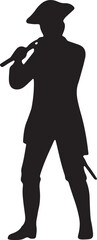 Black silhouette of a man in a tricorn hat and coat, standing with authority, great for revolutionary war or historical art projects