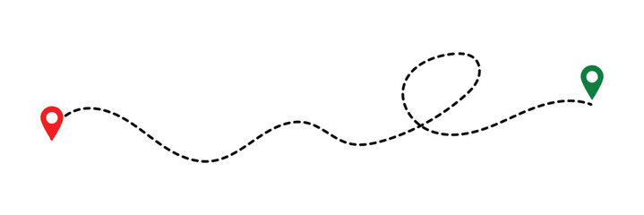 Route location icon, two pin sign and dotted line road, start and end journey symbol, black color vector illustration isolated on white background in eps 10.