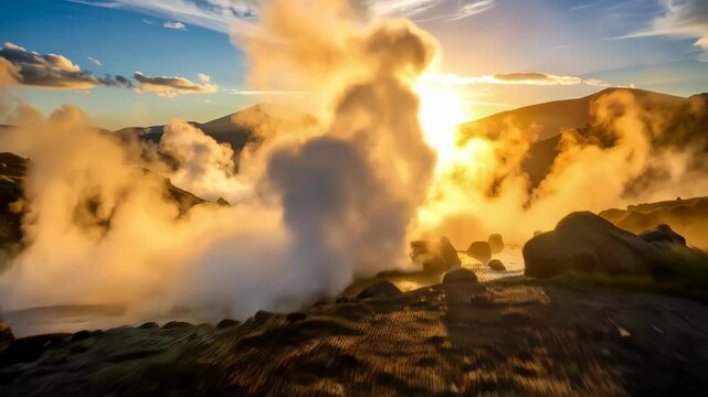 Geothermal activity with steaming fumaroles under bright sunset in mountainous landscape, creating atmospheric scenery with warm golden light