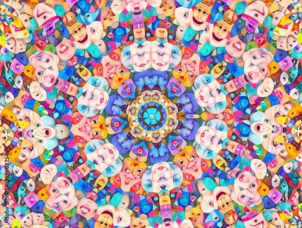 Poster kaleidoscope of faces: a vibrant, kaleidoscopic pattern composed of numerous colorful faces, creatin