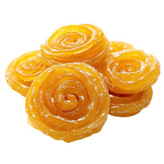 Fototapeta premium A photostock of spiral orange jalebis arranged on a plate, isolated on a white surface, sweet and festive, High Quality