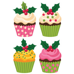 christmas set of sweet cupcakes isolated vector illustration