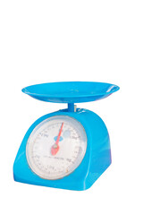 Blue analog kitchen scale with weighing bowl and measurement dial showing weight capacity up to 3kg...