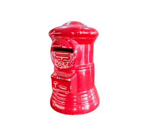 Red ceramic miniature post box figurine with postal slot and traditional pillar design isolated on transparent background for collectibles and nostalgia themes