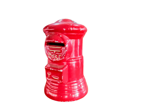 Red ceramic miniature post box figurine with postal slot and traditional pillar design isolated on transparent background for collectibles and nostalgia themes