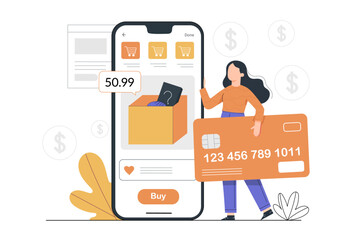 Woman Making Secure Online Purchase with Credit Card on Mobile Shopping App