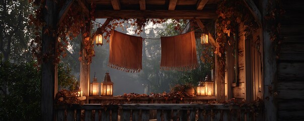 View of forest through rustic porch with lanterns and hanging textiles in soft light setting