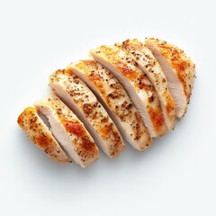 Sliced and seasoned chicken filet, on a plain white background, top view