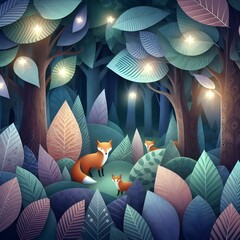 Abstract colorful background, paper trees, paper fox, AI-generated pic