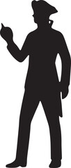 Black silhouette of a man in a tricorn hat and coat, standing with authority, great for revolutionary war or historical art projects