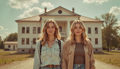 Two young women standing together in front of a historic building  