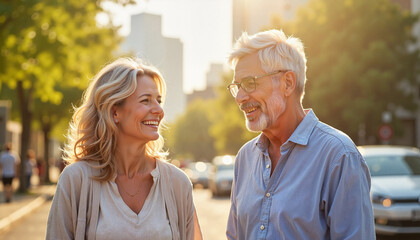 Elderly couple smiling and talking while walking in urban street  