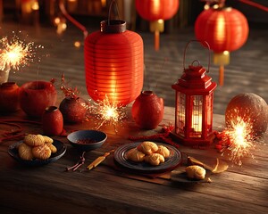 Festive arrangement with red lanterns sparklers and cookies on a wooden surface for celebrations