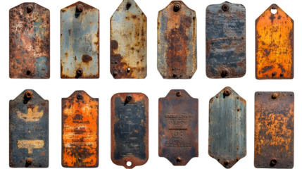 Vintage rusted metal tags collection antique industrial aged weathered labels old signs for scrapbooking transparent background png