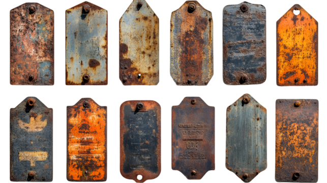 Vintage rusted metal tags collection antique industrial aged weathered labels old signs for scrapbooking  transparent background png