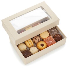 3 piece traditional sweet box with window lid, top view , isolated on white background