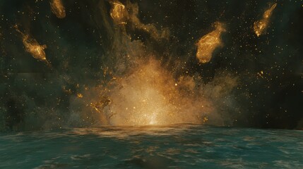 Fiery Cosmic Explosion Reflecting Over an Alien Ocean Surface