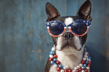 Cute Boston Terrier Dog Wearing Fourth of July Stars and Stripes Sunglasses and Necklace. High quality
