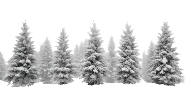 Winter wonderland snowy forest trees background for christmas holiday season landscape design  transparent background png - Powered by Adobe