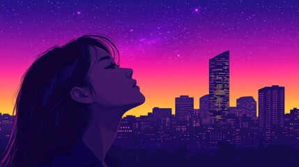 Purple and Neon Sunset Sky Over Cityscape With Woman in Profile