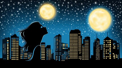 Stylized Woman Gazes at Double Moons Over Night Cityscape