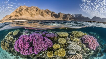 Coral Reef and Rocky Mountains Split View of Ocean and Land