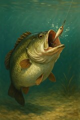 a largemouth bass with its mouth wide open underwater hunting a lure bait fish scene in freshwater nature water sport outdoor activity lifestyle